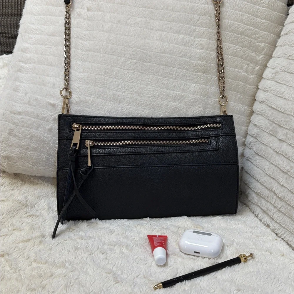 Black Faux Leather Crossbody Bag with Gold Accents and Zippers - Picture 1 of 7
